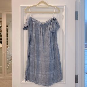 White & blue striped off the shoulder short dress, Size Small